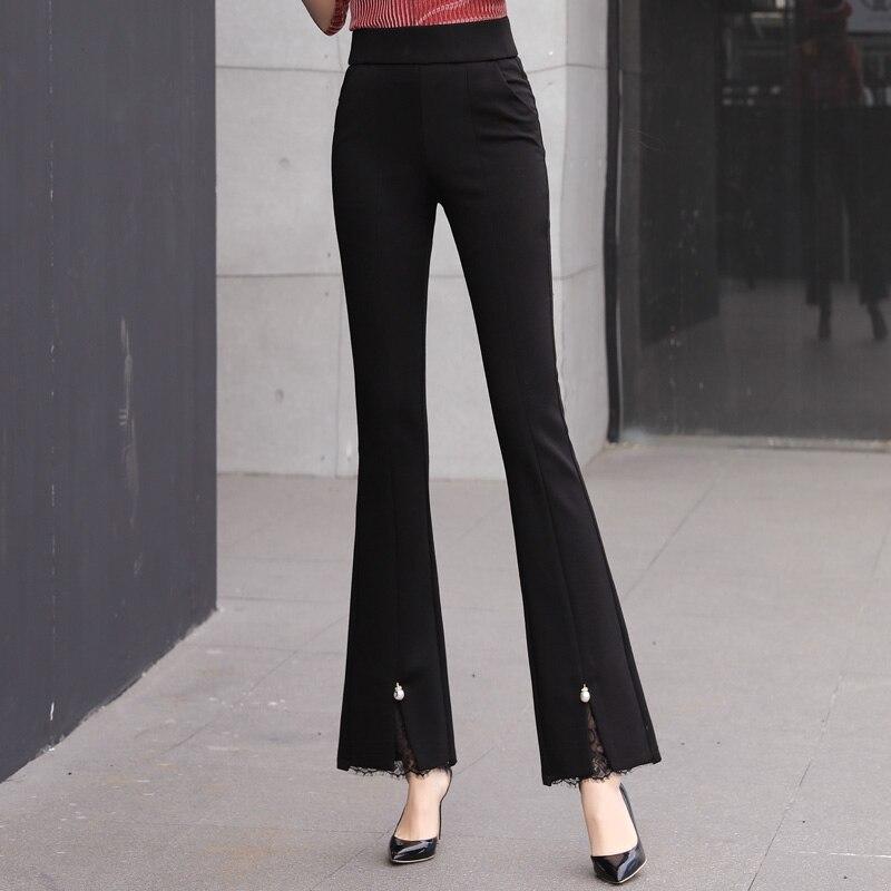 

Корейская мода 2022, летние эластичные женские брюки с высокой талией, кружевные лоскутные капри для женщин, узкие брюки-клеш, женские брюки XXL чёрный