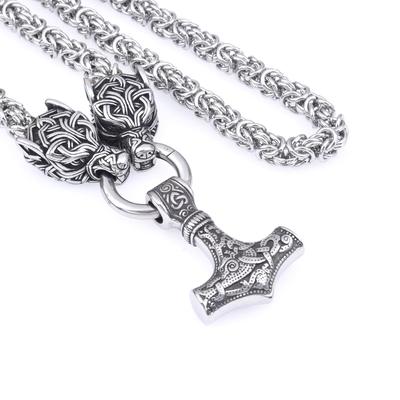 Men 'S Domineering Stainless Steel Wolf Head Necklace Viking Thor 'S Hammer Pendant Necklace