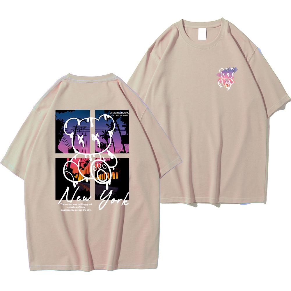 New York Art Word Cartoon Bear Sunset Scenery Design T Shirts Men Fashion Cotton Shirt Loose Summer T Shirts Oversized Tee