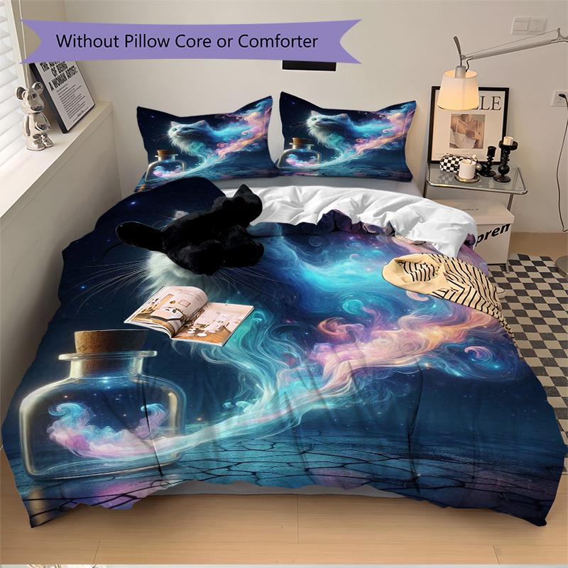 

3 шт. Аниме Кот Фэнтези Комплект постельного белья - Включает один пододеяльник и две наволочки (Нет ядра) - Идеально подходит для декора спальни и гостевой комнаты, 135x200cm