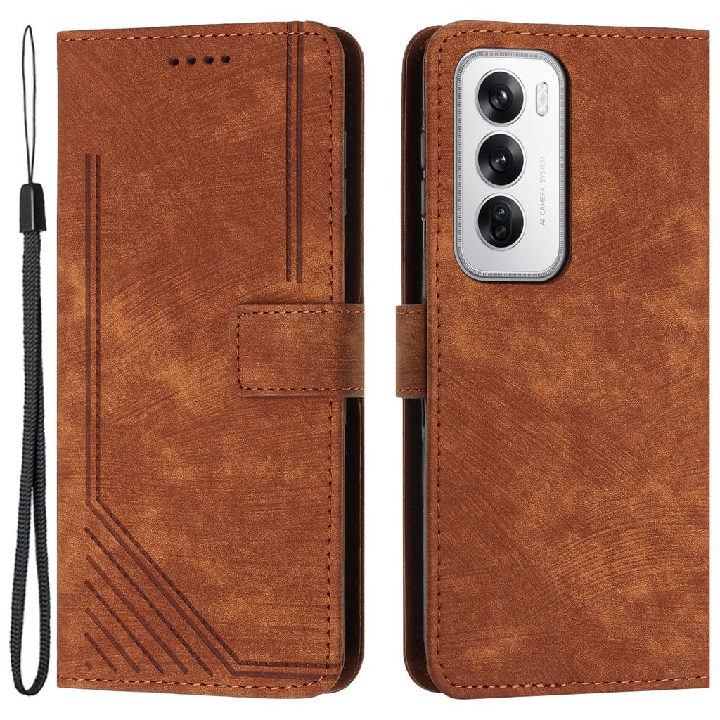 For Oppo Reno12 5G (Global) Cell Phone Case Lines Imprinted Skin-Touch PU Leather Wallet Cover