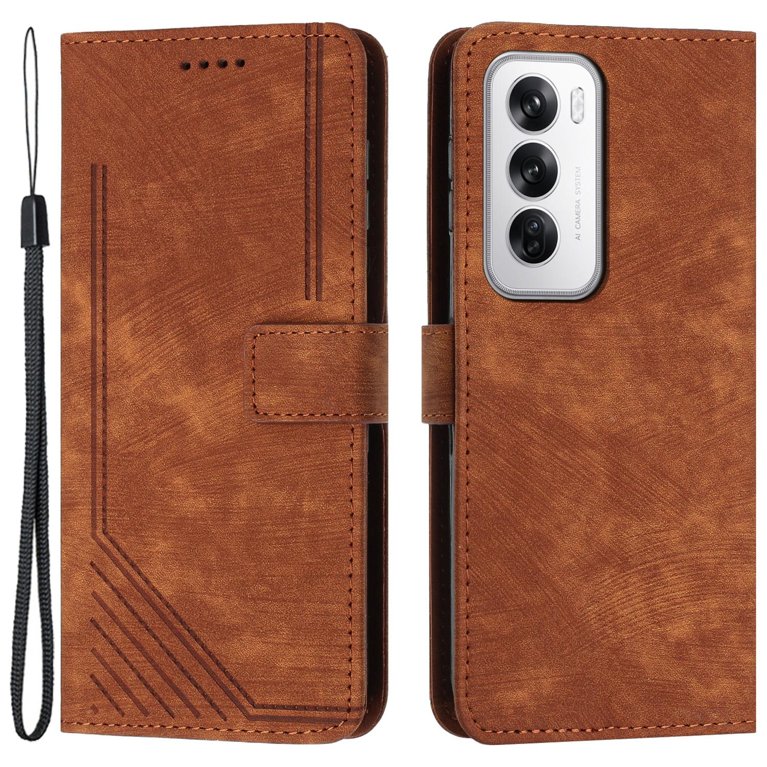 

For Oppo Reno12 5G (Global) Cell Phone Case Lines Imprinted Skin-Touch PU Leather Wallet Cover Brown