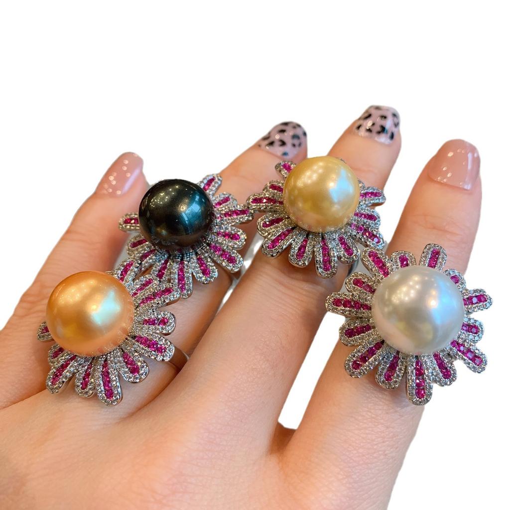 Pearl Micro Set Red Treasure Diamond Ring Fashion Adjustable Ring