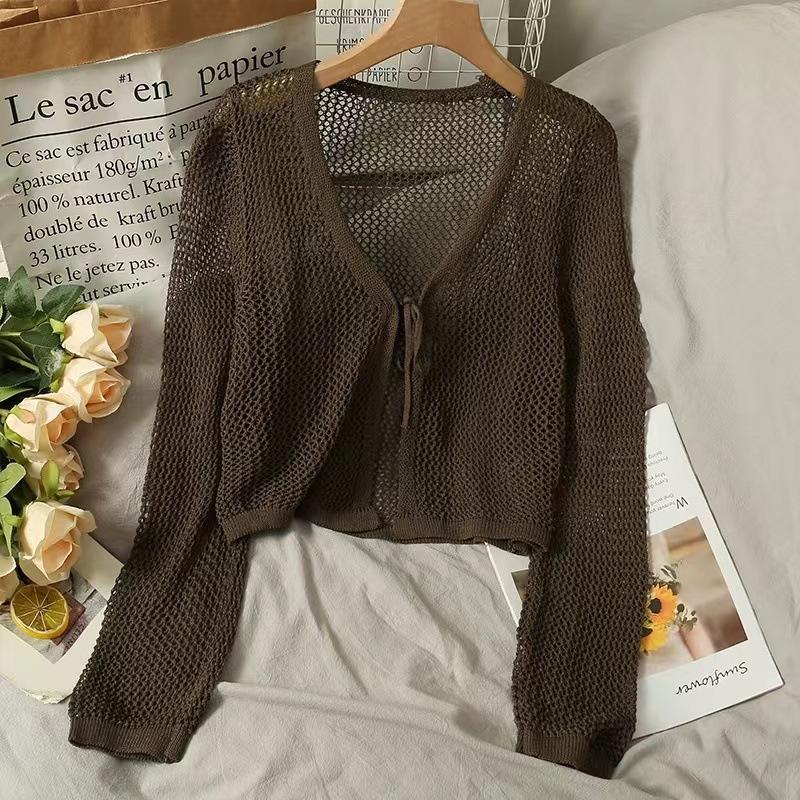Summer thin French V-neck knitted cardigan fresh and sweet design lace-up hollow blouse short top women