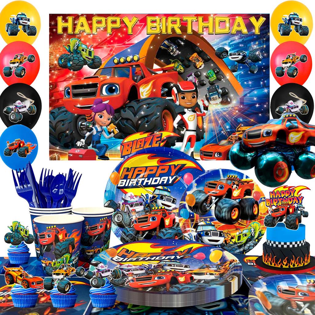 Forniture per Festa Monster Truck, 140 pezzi Decorazioni e Stoviglie per Compleanno Monster Truck - Piatti Sfondo per Compleanno Monster Truck, Decorazioni per Festa Blaze