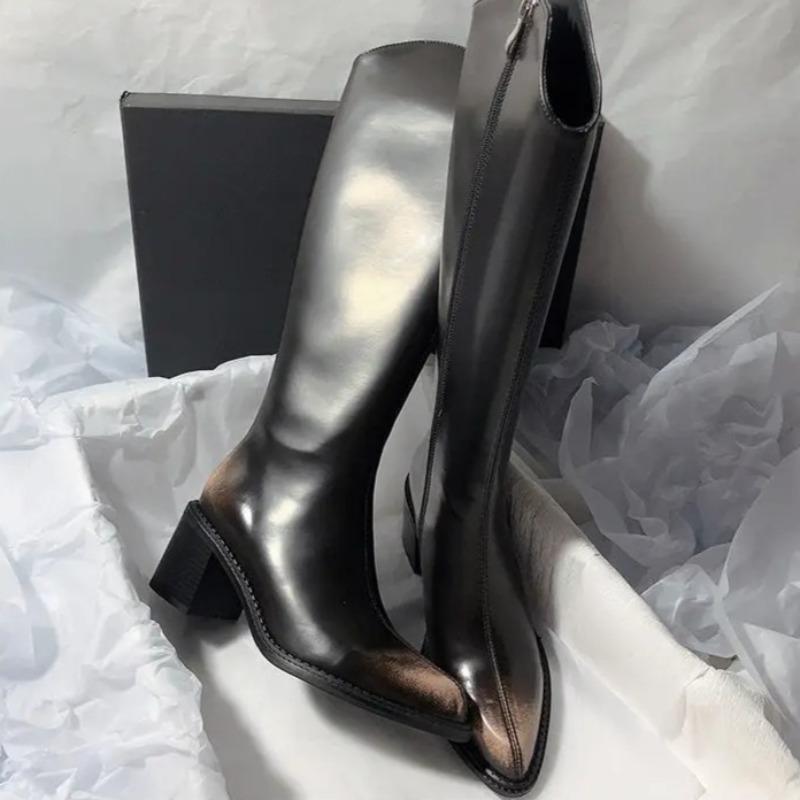 Women Knee-high Boots Temperament Pointe Leather Boots Slimming Long Tube Boot V-mouth Designer Women's Boots Botas Largas Mujer