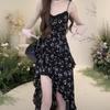 Irregular floral suspender dress for women's spring and summer new waist and thin black lotus leaf edge printed medium and long skirt