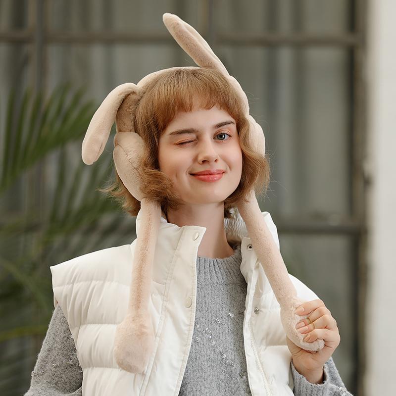 Women's Winter Soft Faux Fur Cute Rabbit Ear Foldable Ear Protection Windproof Traveling Ski Earmuffs