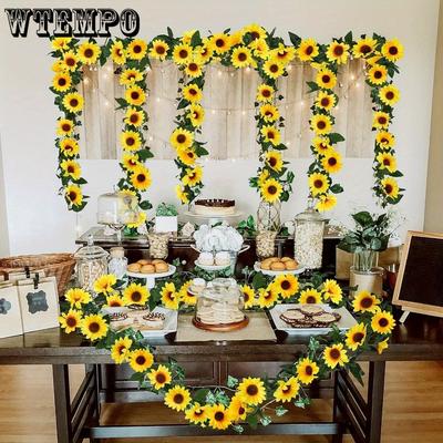 2 Stück Künstliche Sonnenblumen-Girlande Seiden-Sonnenblumen Hängende Ranken Blumen mit Grünen Blättern für Zimmer Küche Garten Geburtstag Hochzeit Babyparty Party