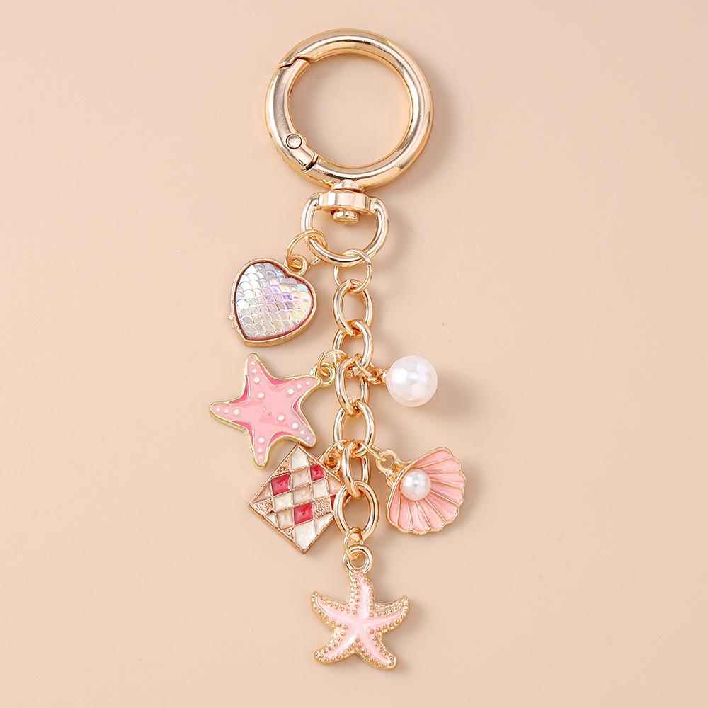 Summer Beach Mermaid Shell Starfish Keychain Women Girls Pearl Love Heart Key Ring Pendants for Handbag Decor DIY Jewelry Gifts