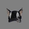 Distressed Denim Cat Ear Baseball Cap, Ripped Frayed Hat with Safety Pins & Metal O‑Rings, Punk Gothic Streetwear Hat for Halloween Cosplay Party