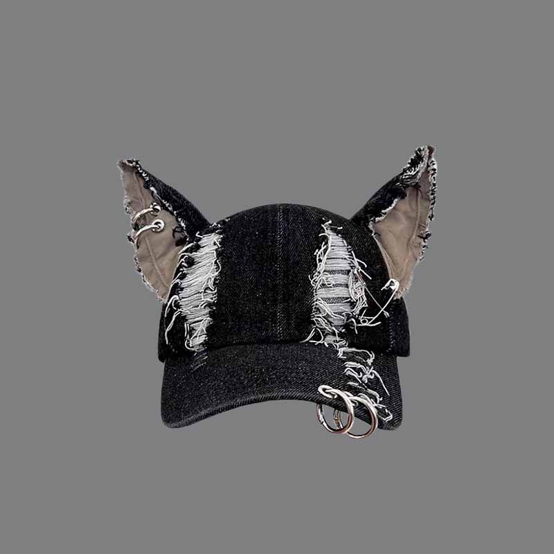 Distressed Denim Cat Ear Baseball Cap, Ripped Frayed Hat with Safety Pins & Metal O‑Rings, Punk Gothic Streetwear Hat for Halloween Cosplay Party