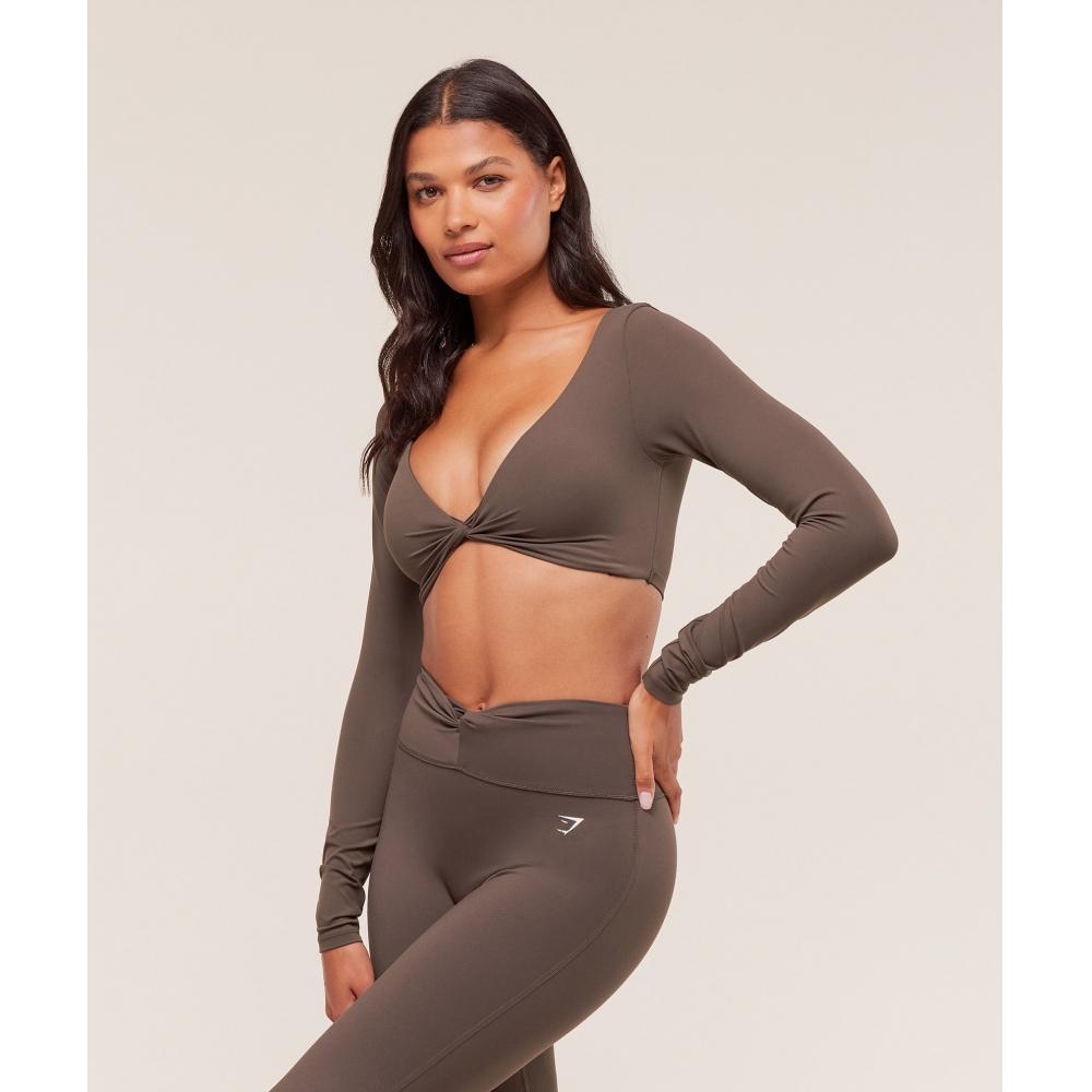 Gymshark Twist Front Long Sleeve Crop Top Walnut Brown B5b4s Nccz