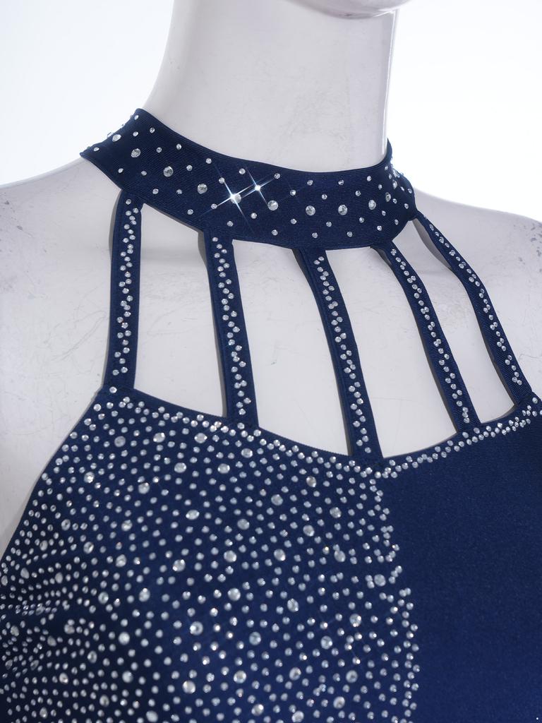 Dámský outfit pro lyrický tanec Crop top s kamínky a zavazováním za krk s průhlednými širokými kalhotami se sukněmi a všitými kalhotkami pro moderní tanec a jevištní vystoupení