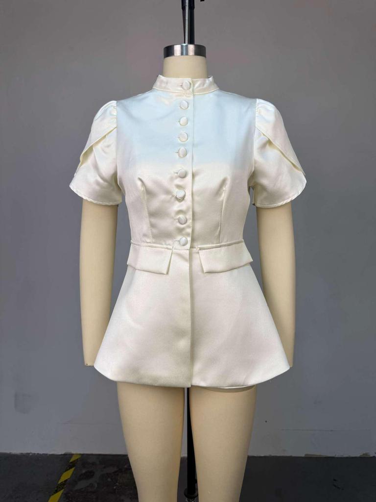 2025 Summer Women's Niche Puff Sleeve Buttoned Waist-Cinching Suit Top