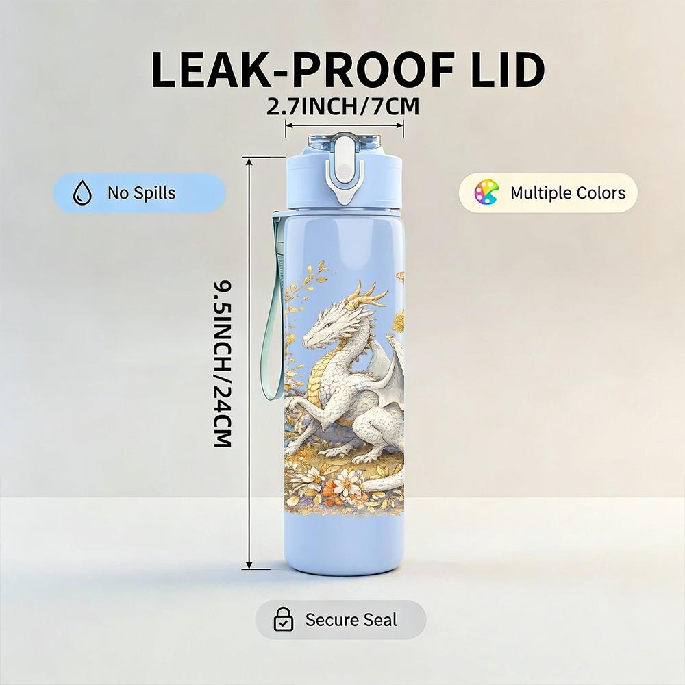 1PC White Gold Winged Dragon Print 750ml Color Plastic Sports Water Bottle Leakproof Flip Straw Lid Suitable for Sports Office Home Use