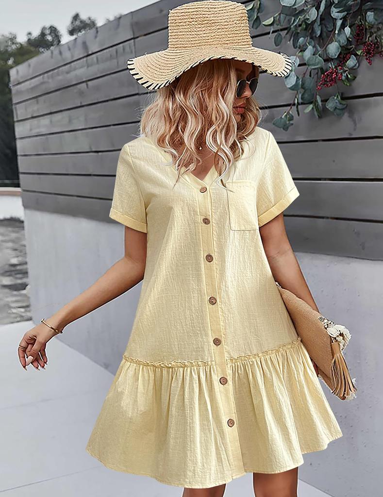 Women Button Down Dress Loose Summer Cotton Linen Dress Ruffle Hem Casual Dress Short Sleeve Tunic Dress