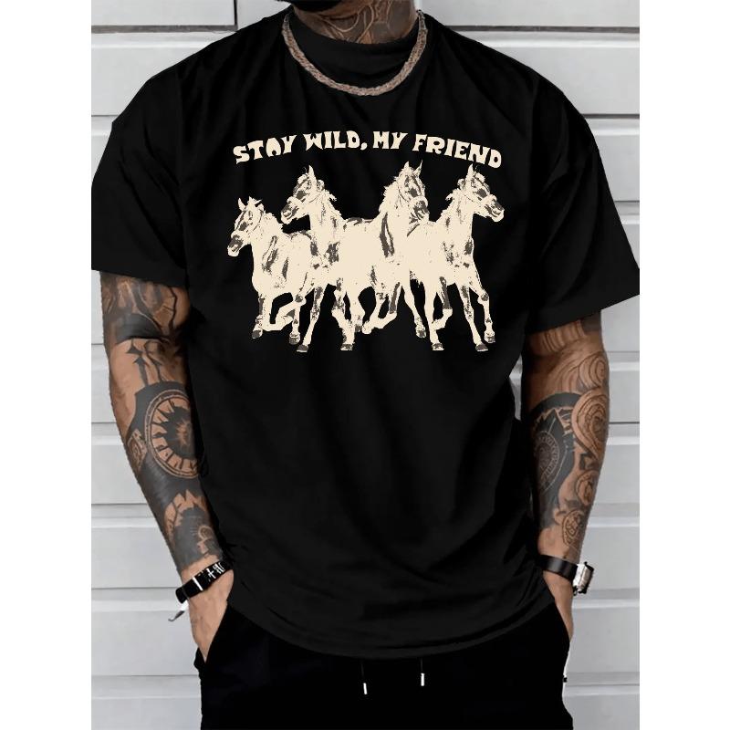 European sizes NEW Hot Men S Stay Wild Wild Horses Graphic T-Shirt, Western Cowboy Aesthetic Streetwear Tee, Casual Summer Top S чёрный