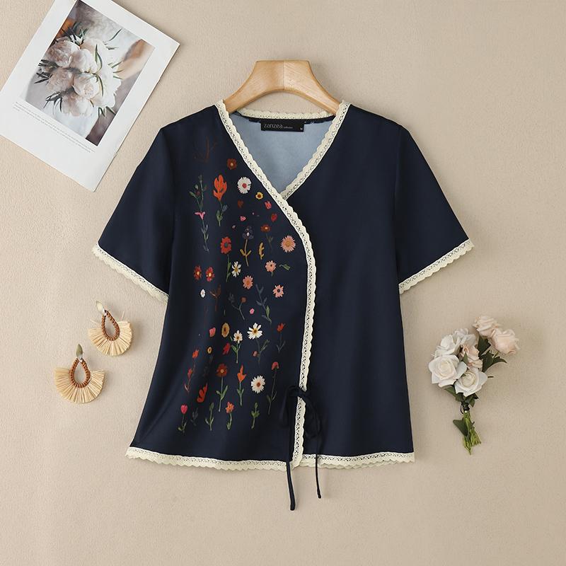 ZANZEA Women Casual V-Neck Short Sleeve Floral Print Blouse