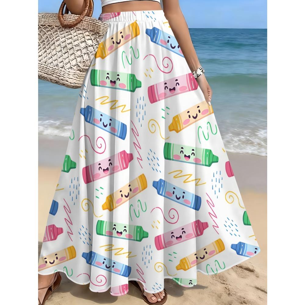 Women'S Colorful Crayon Smiling Face Print A-Line Casual Long Skirt, Summer Versatile Seaside Style