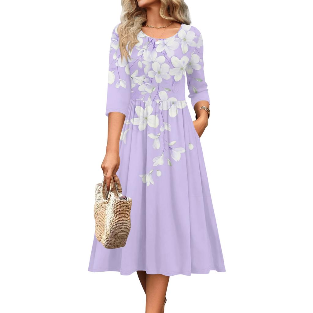 3/4 Sleeve Women's Dress Casual Flowy A-Line Midi Tshirt Dresses With Pockets Crewneck Vocation Boho Beach Sundress