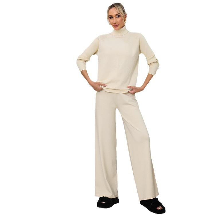 Solid Color High Neck Sweater & Wide Leg Pants Set - Women's 2024 Autumn/Winter Two-Piece