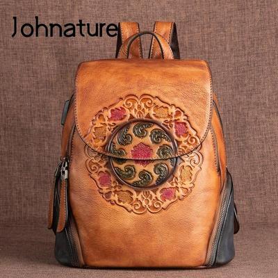 Retro Echtes Leder Rucksack Frauen Tasche Handgemachte Prägung Natürliche Rindsleder Große Kapazität Reisetaschen