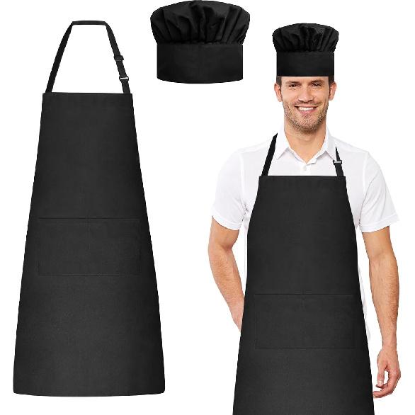 Chef Apron and Hat Set, Chef Hat and Kitchen Apron with Front Pockets for Adult чёрный
