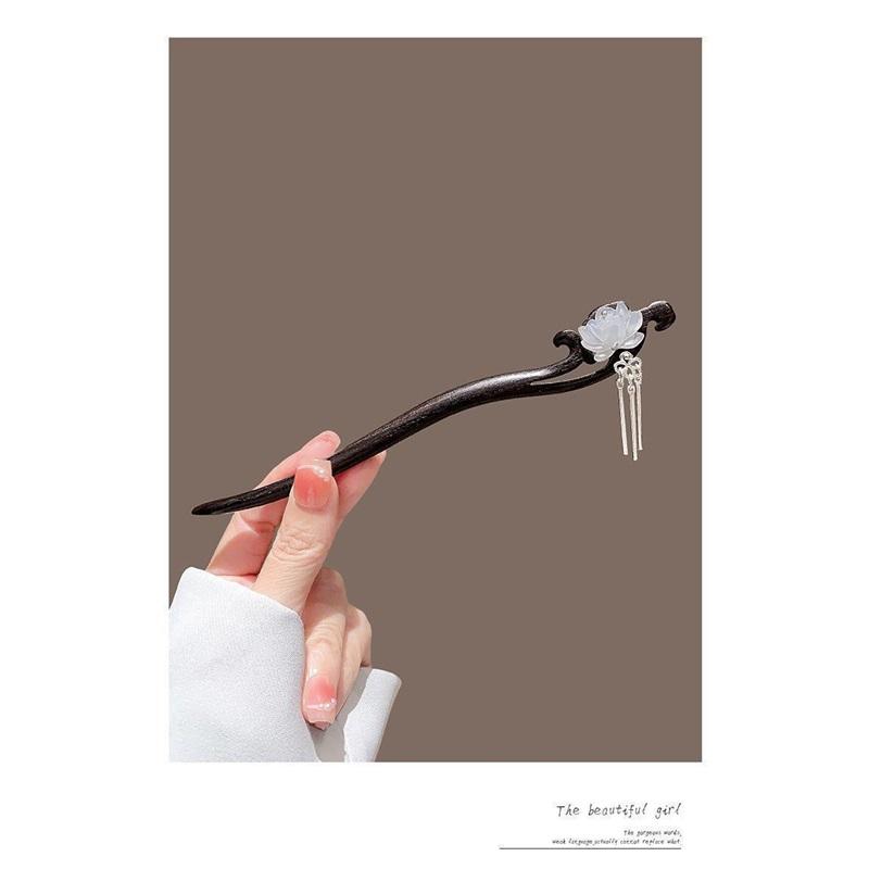 New Chinese Style Elegant Lotus Tassel Black Wood Hairpin Retro Hair Stick Back Head Updo Hair Accessory for Horse Face Skirt Daily Wear