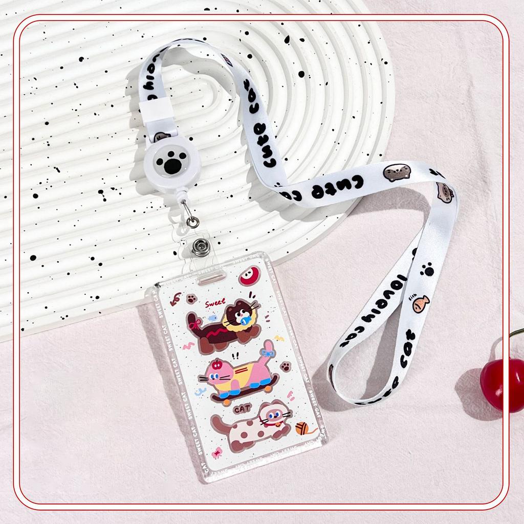 Kawaii Cat Keychain Sliding Card Holder Student Meal Card Bus Card Photo Card Holder Lanyard Lady Id Card Credit Card Holder