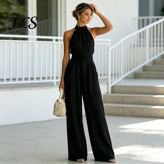 Tuta Resistente alle Pieghe da Donna con Scollo all'Americana, Senza Maniche Casual con Gamba Larga, Elastica per Ragazze Estate Vita Alta Monopezzo
