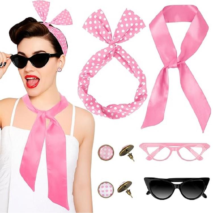 1950s Costume Accessories Set Scarf Headband Earrings Bandana Tie Cats Eye Glasses Set for 50s Party Halloween Cosplay