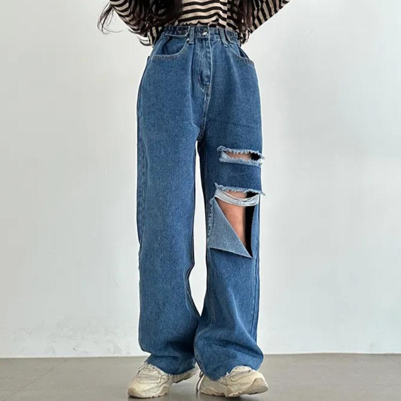 

Ripped Denim Wide-leg Pants, High-waisted Casual Straight-leg Pants L білий