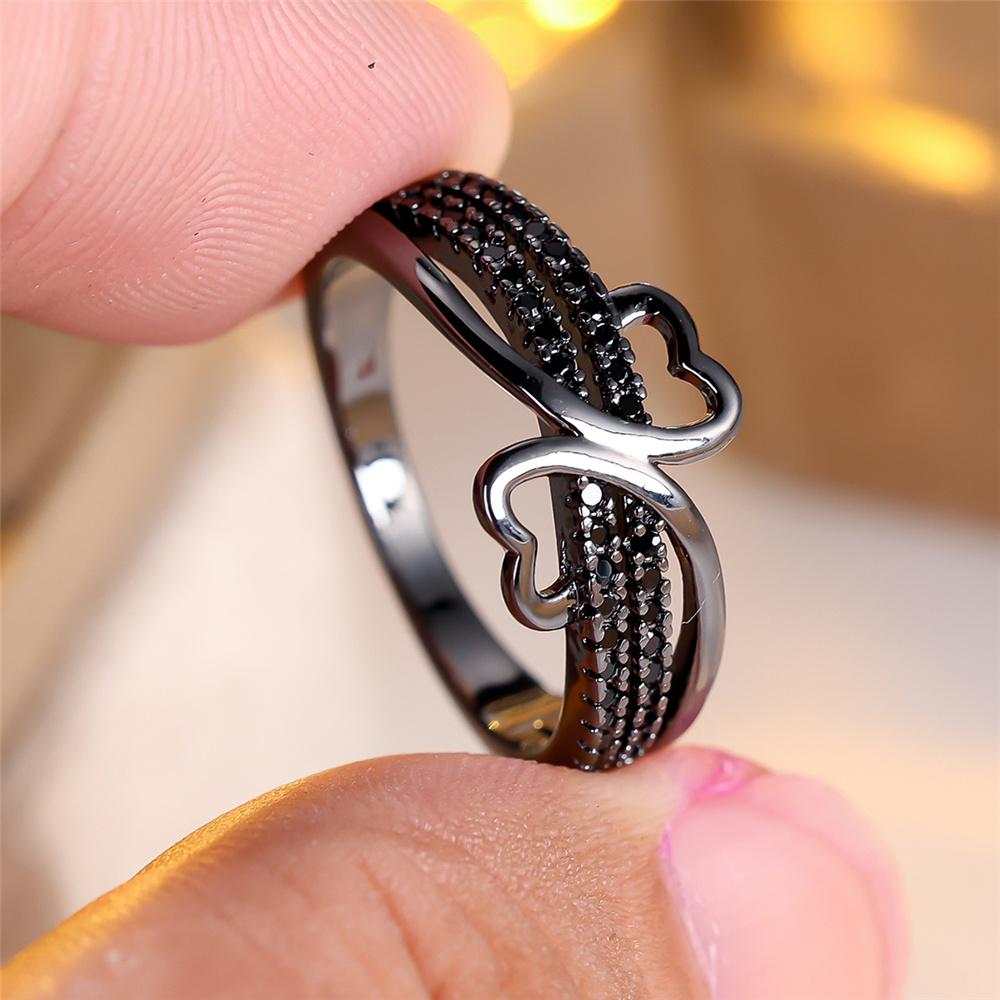 Luxus Damen Schwarzer Zirkonstein Hochzeit Versprechen Liebe Herz Verlobungsringe Für Damen