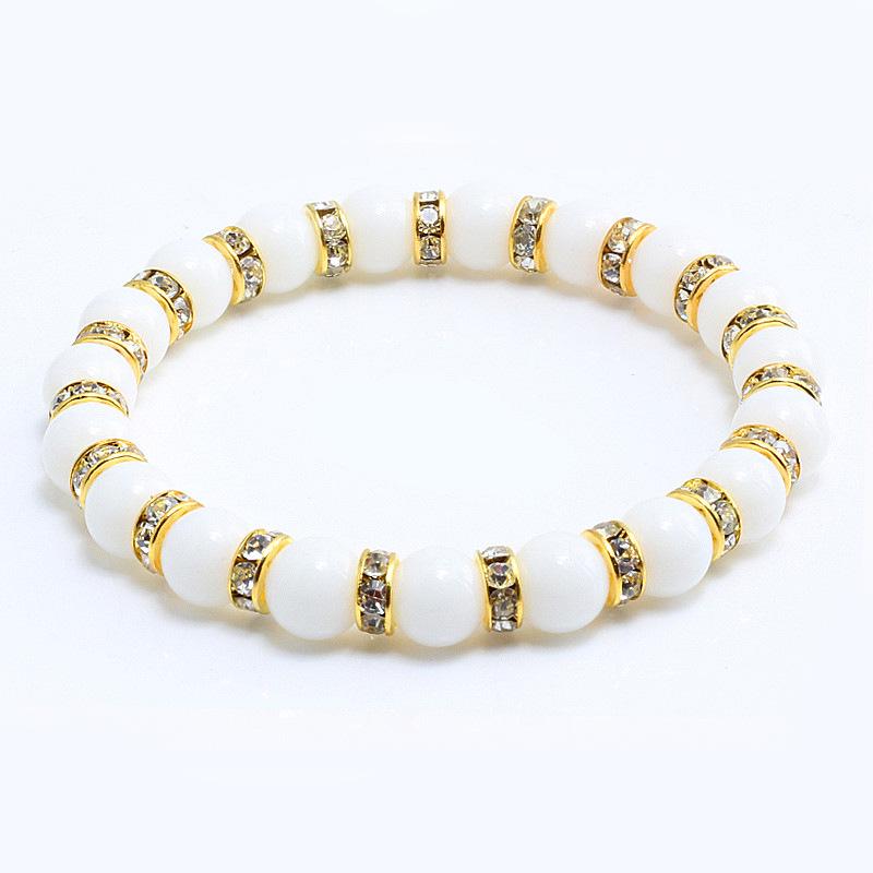 8mm White Porcelain Beads Rhinestone Bracelet: Trendy Unisex Wristband with Hand Rope