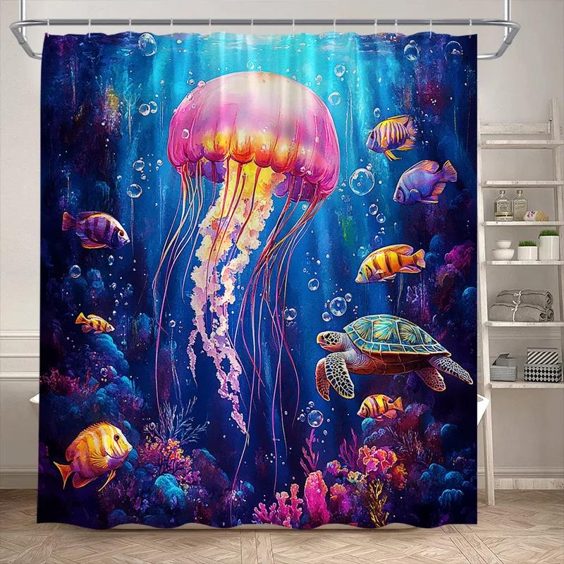 VIKAMA Underwater World Theme Shower Curtain - Waterproof and Mold-Resistant Bathroom Partition Curtain for Home Decoration