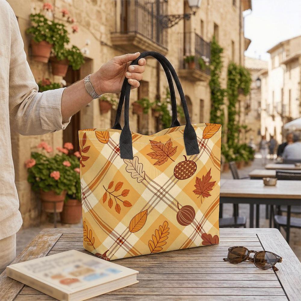 Autumn Maple Pumpkin Plaid Canvas Tote Bag Casual Large Capacity Reusable Daily Shoulder Handbag for Women