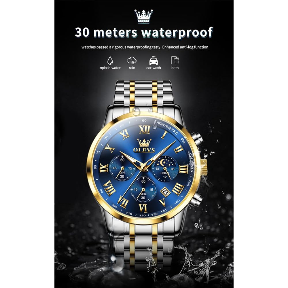 OLEVS Men's Analog Watch Blue Waterproof Stainless Steel Band Date Luminous Fashion Business Classic
