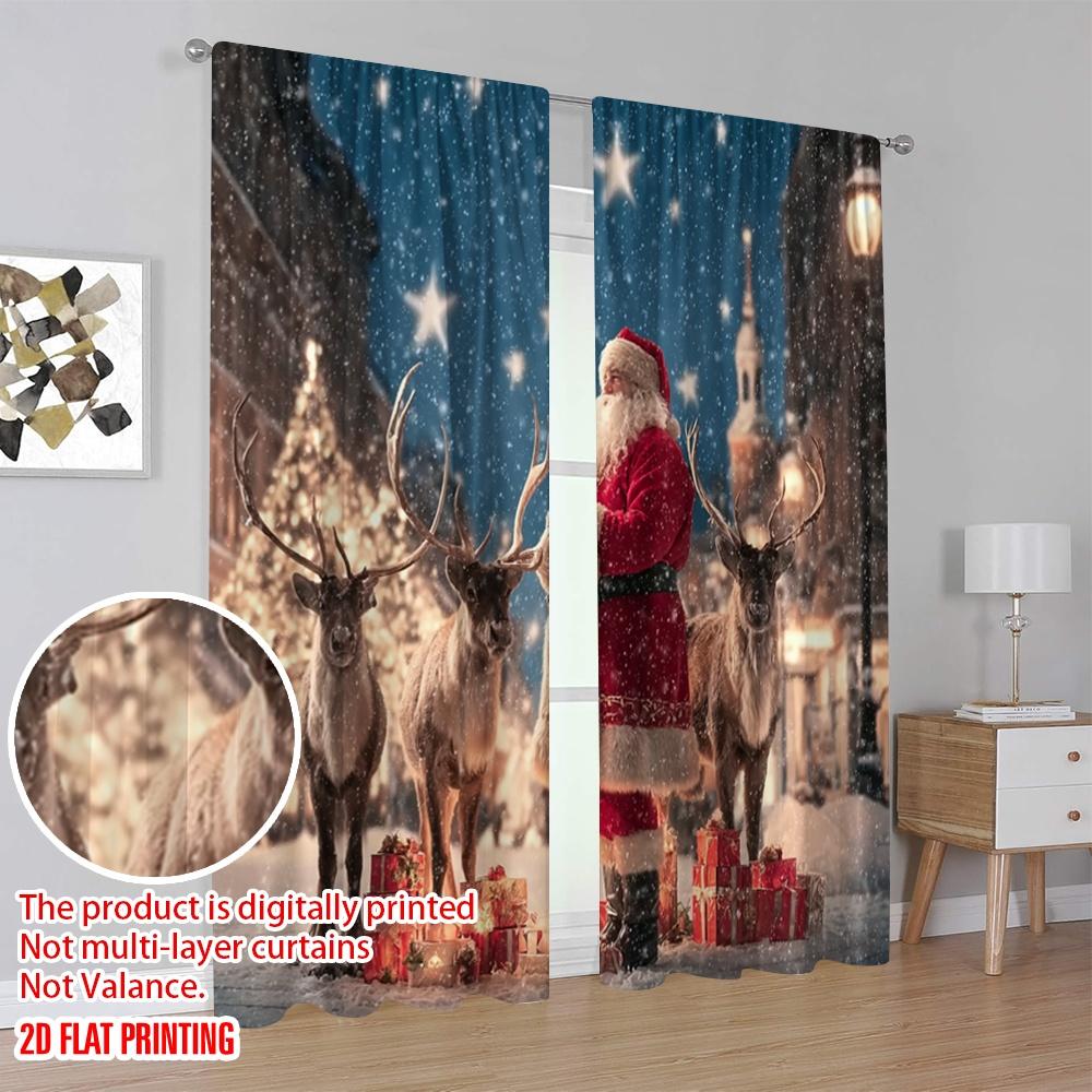 2pcs,2D Plane Printing Print Curtains Santa Claus and Reindeer Scene Durable 100% Polyester Fabric (without Rod) All Seasons for