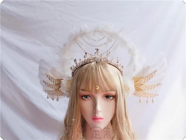 Lolita White Angel Wings Virgin Mary Bead Chain Baroque Halo Tiara Hair Accessory Virgin Mary Sun Godmother's Crown KC Headwear