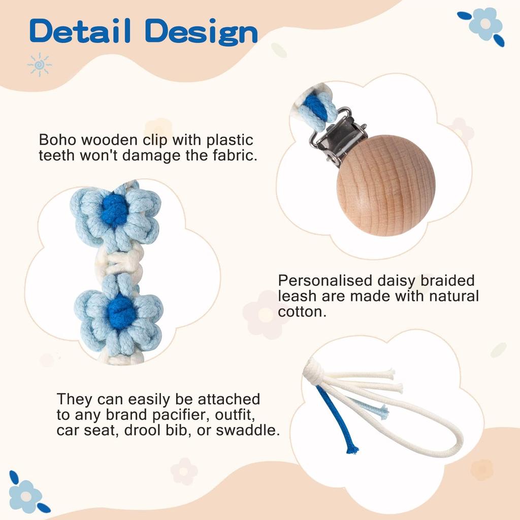 Symbolife Pacifier Daisy Floral with Wooden 30cm Unisex Blue Frost Clip, Print, Clip, Stretchable, Cotton, (Baby & Blue)