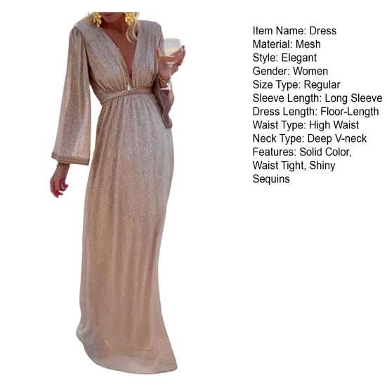 Tiefer V-Ausschnitt Langarm Taillenbetont Hochtailliert Bodenlang Abendkleid Glänzende Pailletten