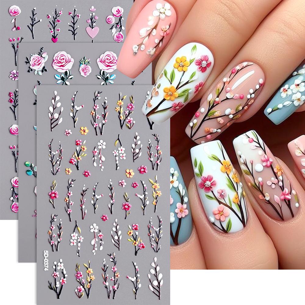1sheet 5D Embossed Butterfly Nail Art Stickers Purple Butterflies/Floral Nail Art Decals Self-Adhesive Rose Flower Manicure Diy