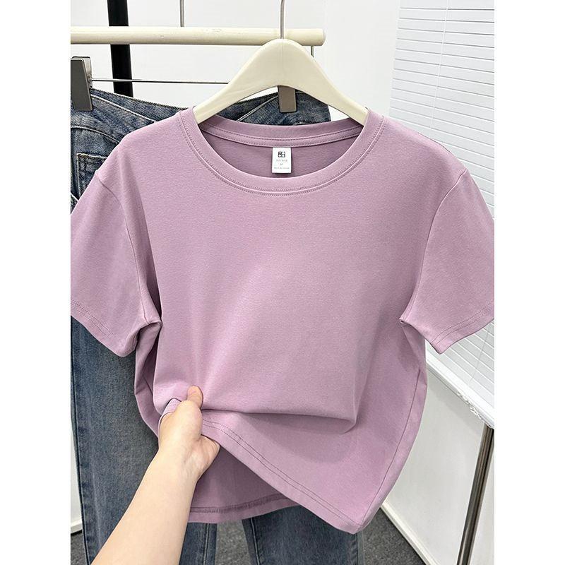 Große Größe Dünnes Fleisch Abdeckung Einfarbige Schulter Kurzarm T-Shirt Damen Sommer Neu Fett Mm Lässig Pendler Hemd Oberteil