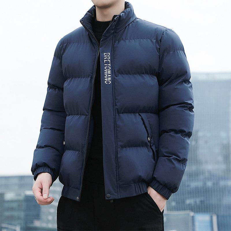 Cotton-padded Men's Winter New Blue Fashion Printed Casual Cotton-padded Warm Stand-up Jacket