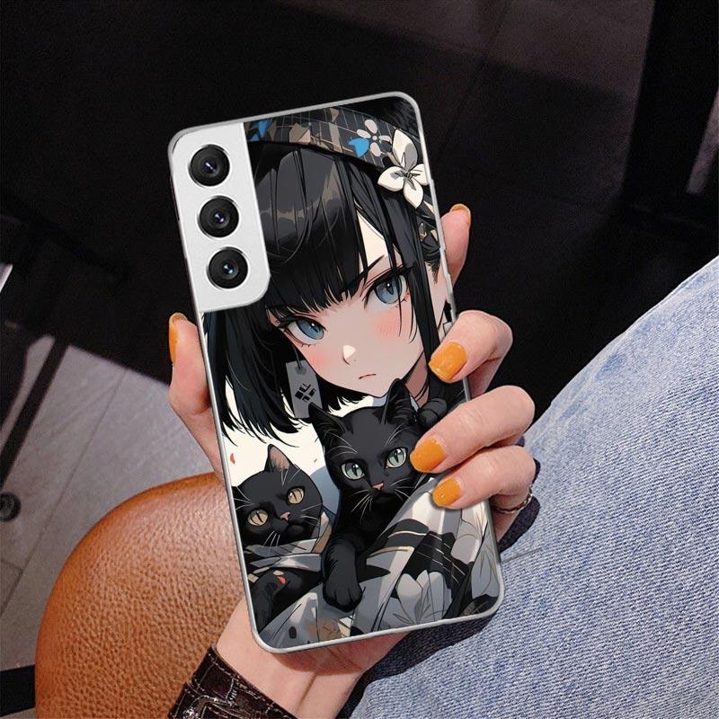 Anime Girls Cute Black Cat Phone Case For Samsung Galaxy S24 S25 Edge S26 Ultra S23 S22 S21 Plus S20 FE + Personalized Print Cov