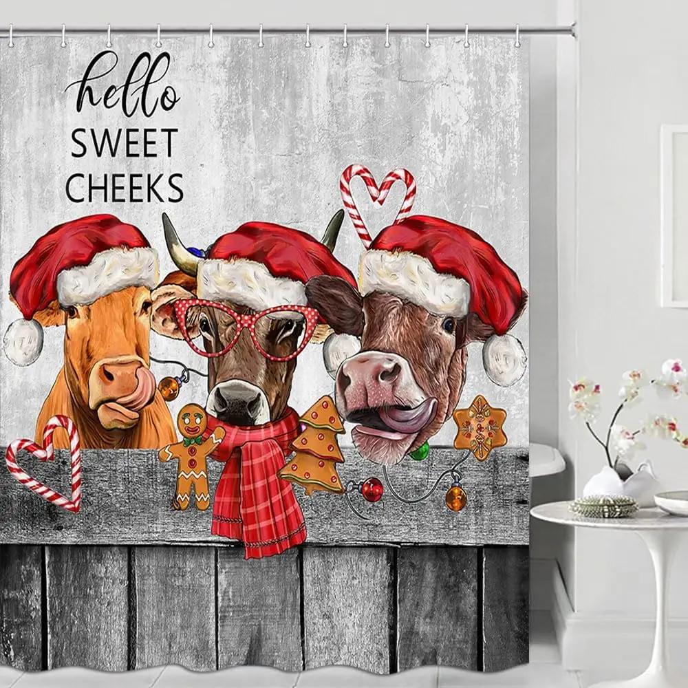Funny Highland Cow Shower Curtains Farm Cattle Colourful Graffiti Art Bathing Animal Bath Curtain Fabric Bathroom Decor Hooks