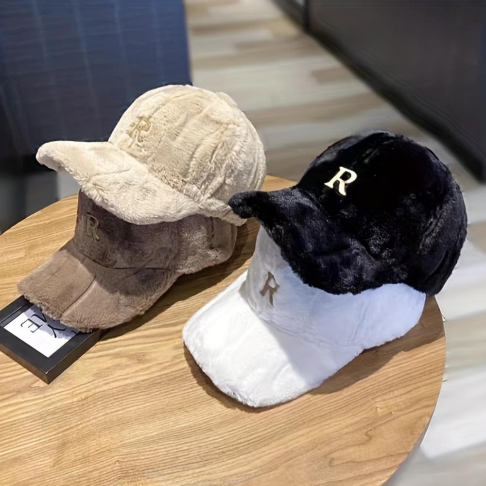 Fur Faux Baseball Cap Classic Letter R Embroidery Warm Plush Dad Hat Breathable Adjustable Winter Sun Hats For Women Outdoor