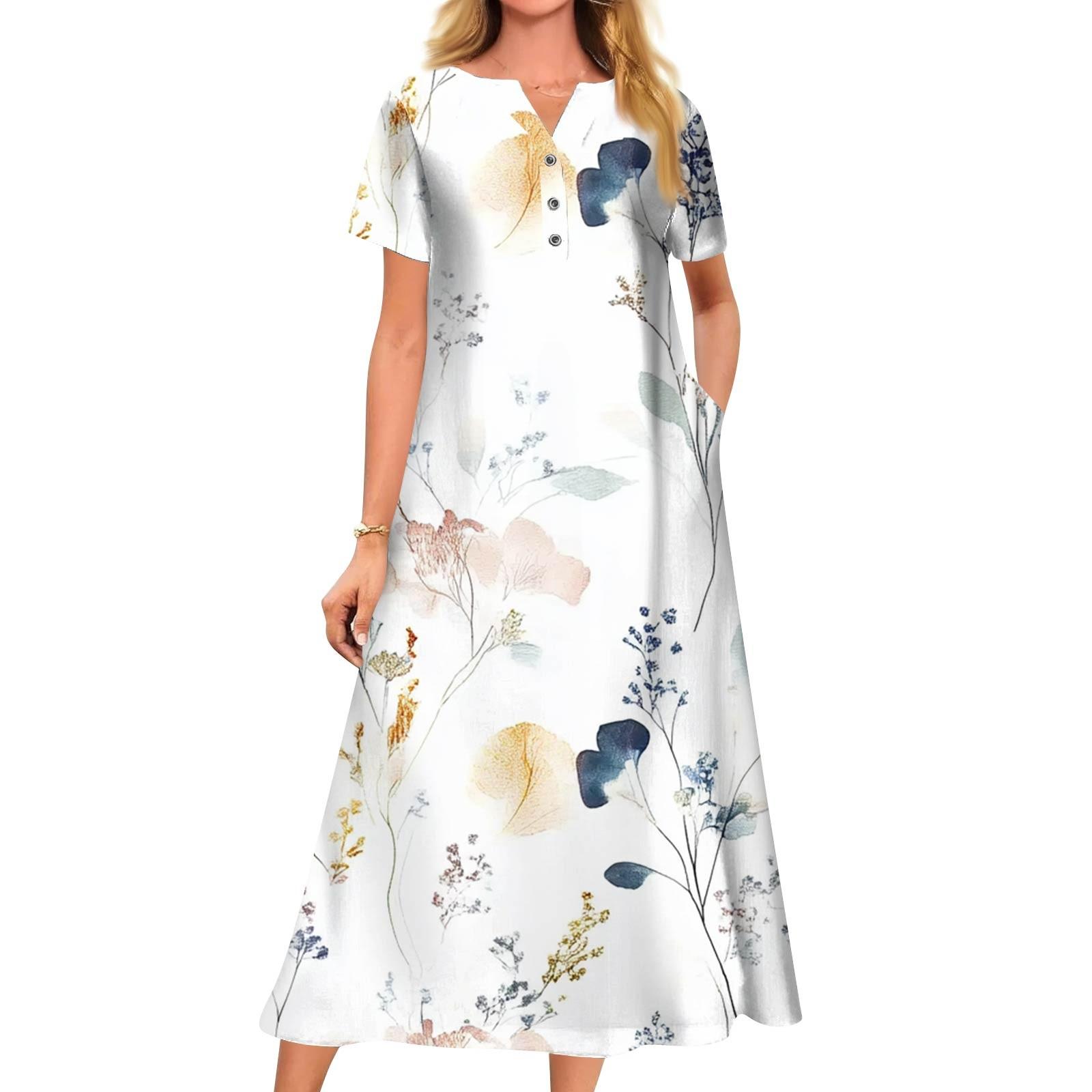 

Женское летнее повседневное свободное платье с v-образным вырезом и короткими рукавами с принтом L белый