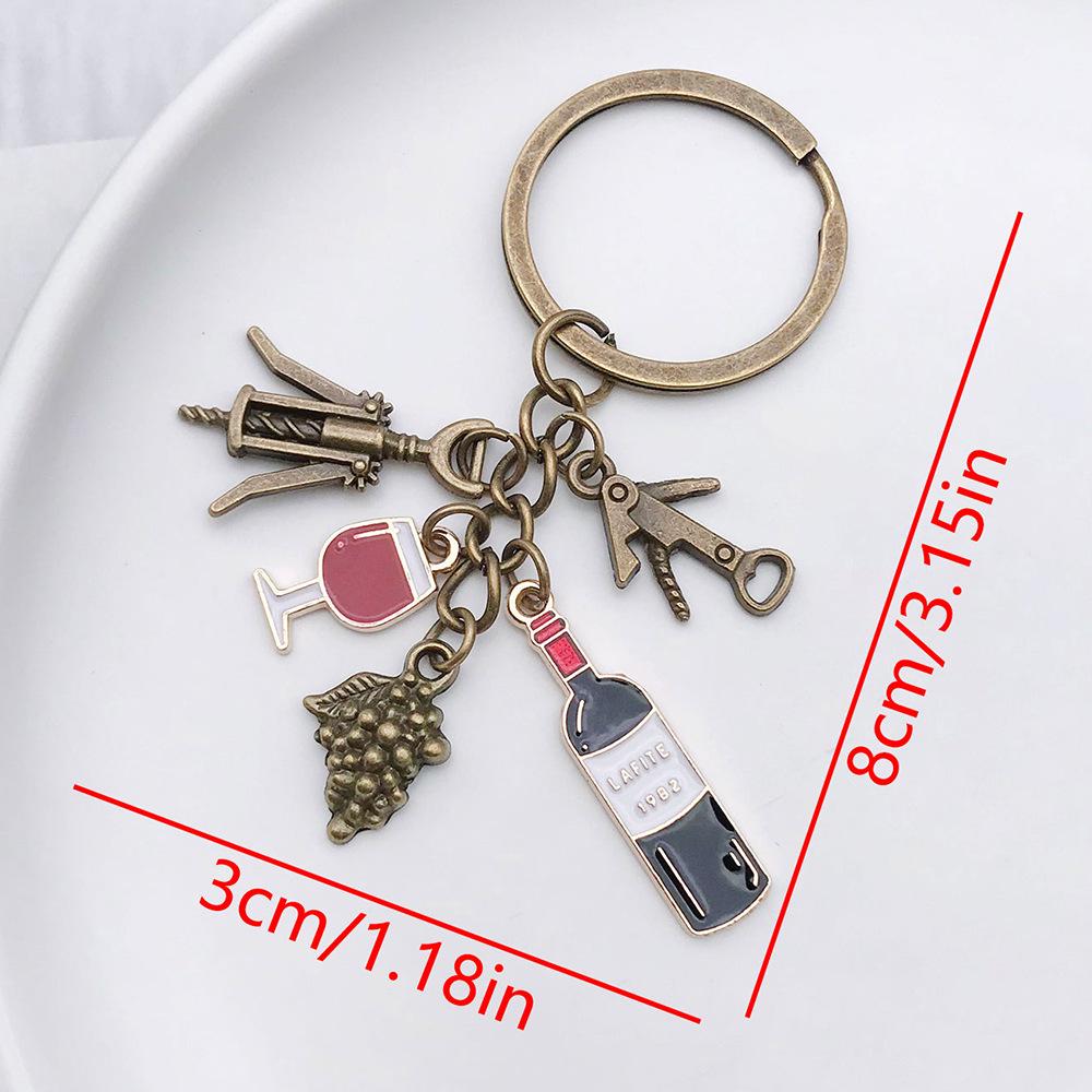 Ancient Bronze Zinc Alloy Wine Opener Keychain with Red Wine Glass Ornament